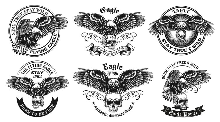 美国单色标签与鹰和头骨插图集鸟收集爪
