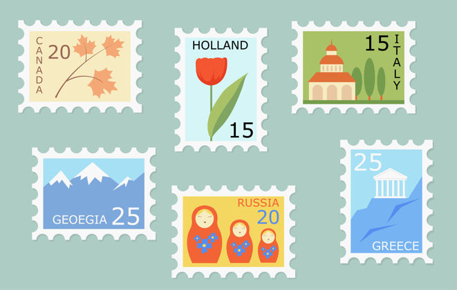 邮件一套带有不同国家地标和符号的创意邮票信息邮资卡通