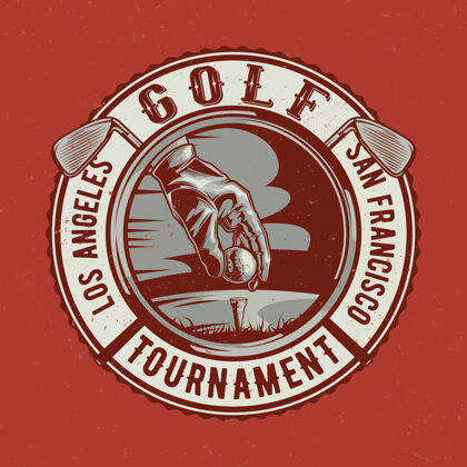 洞高尔夫主题t恤设计与球员的手 球和两个高尔夫球杆插图葡萄酒锦标赛皇冠