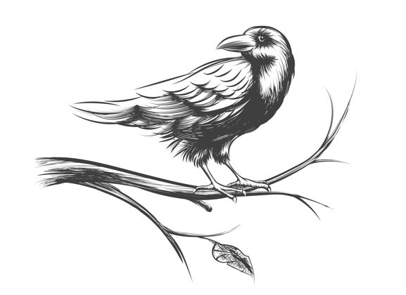 动物乌鸦或黑乌鸦草图和剪影集动物鸟在树枝上的插图黑色古董树枝