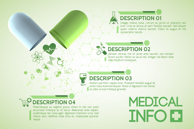 医药医疗设计海报与原来的药用胶囊组成的绿色和白色部分套装传单胶囊