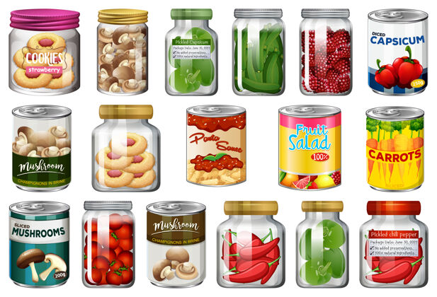 罐头食品一套不同的罐头食品和食品罐隔离配料汤设置
