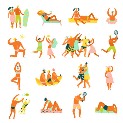 沙滩海滩度假人们卡通风格的人物跳舞练习瑜伽日光浴冲浪打网球收集隔离网球男人度假