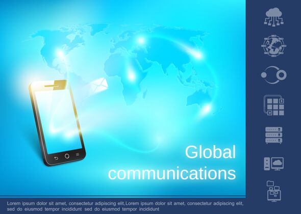 现实现实的全球通信概念 从世界各地的信息发送到手机蓝色数字地图和线性图标插图 发送蓝色周围