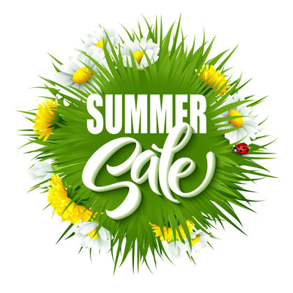 商业夏季销售字母背景与夏季绿草和鲜花海报报价树叶