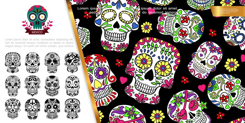 风格墨西哥死亡日概念与彩色和单色风格糖头骨与心和花卉装饰插图 装饰心彩色