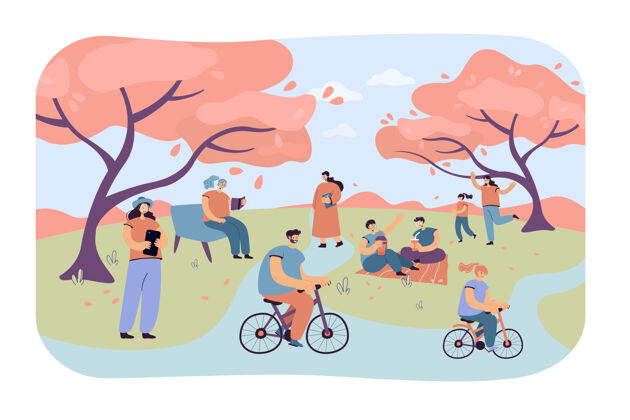 樱桃正面的人们坐在城市公园里与樱桃树隔离的平面插图坐着花园节日