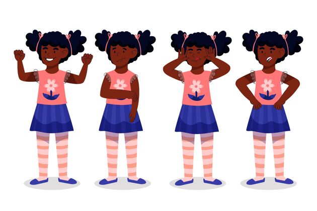 年轻女孩有机平面不同姿势的黑色女孩插图包装年轻黑色女孩