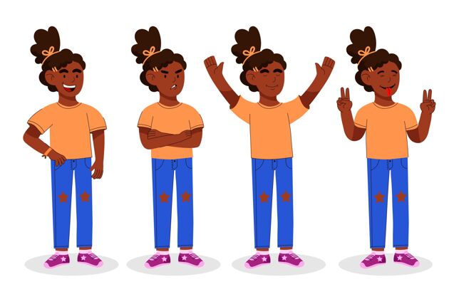 姿势有机平面不同姿势的黑色女孩插图非裔美国人女孩有机非裔美国人