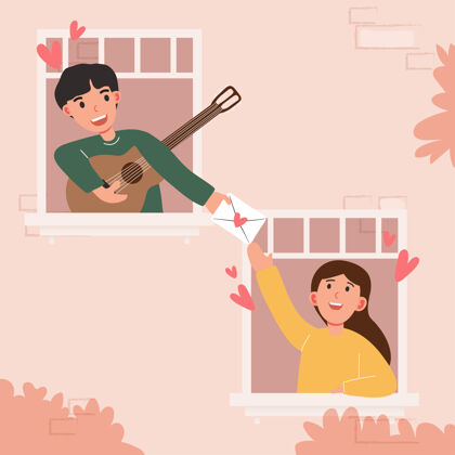 窗口大孤立的小女孩和男孩在爱的卡通 夫妻分享和关怀的爱 弹吉他三维插图梦想字符情人