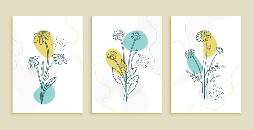 图形装饰线花卉和树叶艺术海报集斯堪的纳维亚集开花