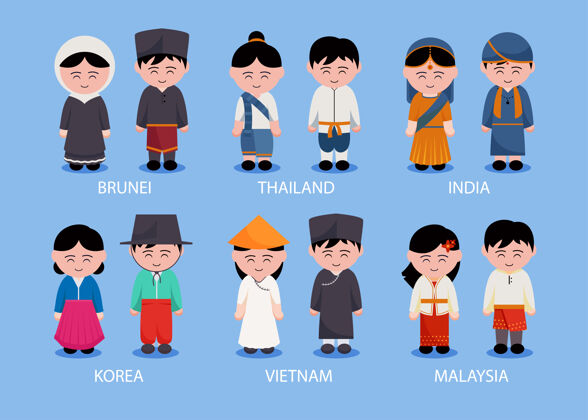 服装集亚洲地区人的服装卡通人物 孤立的平面插图地区可爱服装