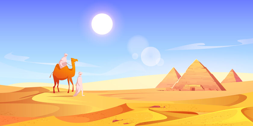 考古学两个男人和骆驼在埃及的沙漠和金字塔人埃及夏天