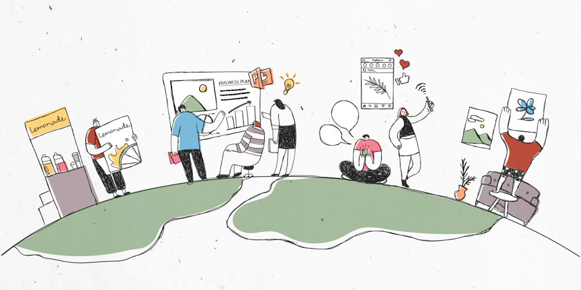 在线五彩缤纷的手绘团队合作插画与世界上的一群人广场企业协议