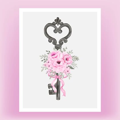 花卉带粉红丝带和玫瑰水彩插图的独立钥匙水彩心玫瑰