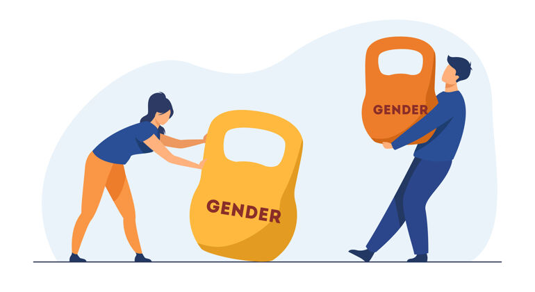平面性别歧视和不平等男人和女人举起不同重量的壶铃卡通插图商业竞争不平等