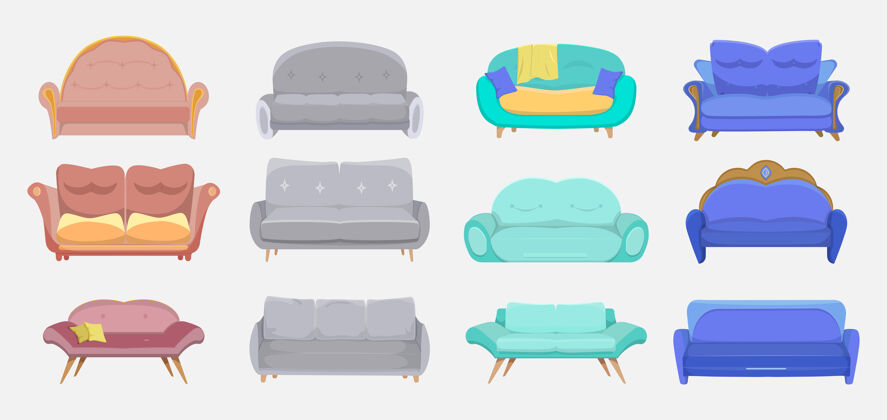 装潢现代沙发套装酒店和家庭沙发 客厅家具 休息室室内沙发卡通插画设置室内沙发