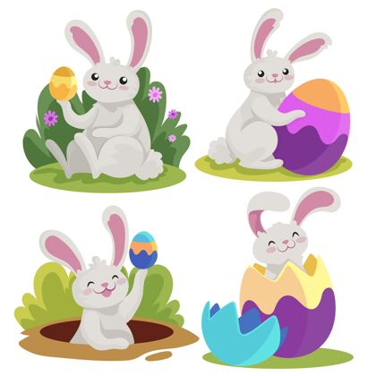 设置手绘复活节兔子系列包可爱复活节兔子