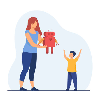 半机器人妈妈送机器人给快乐的孩子礼物 礼物 玩具卡通插画商业技术网站