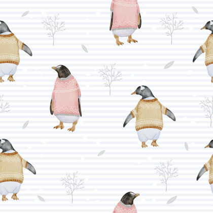 包装无缝图案搭配企鹅和树枝的冬季水彩节日卡通问候
