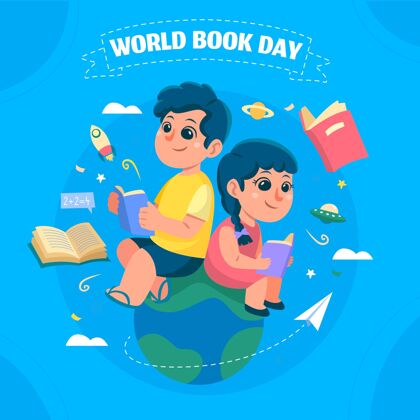 国际手绘世界图书日插图与人们一起阅读智力手绘人物
