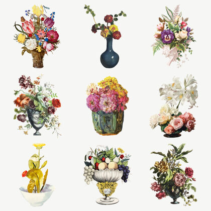 设置复古花卉植物插图集彩色植物收藏