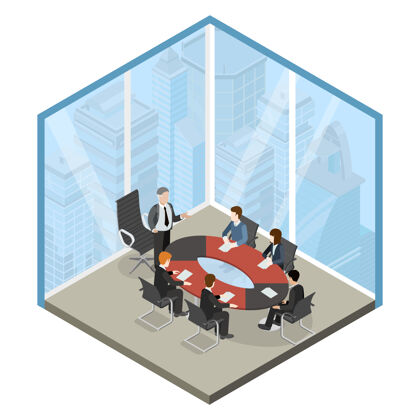 摩天大楼老板会议商务中心玻璃角房橱柜平面三维等距网页插图等轴测信息橱柜
