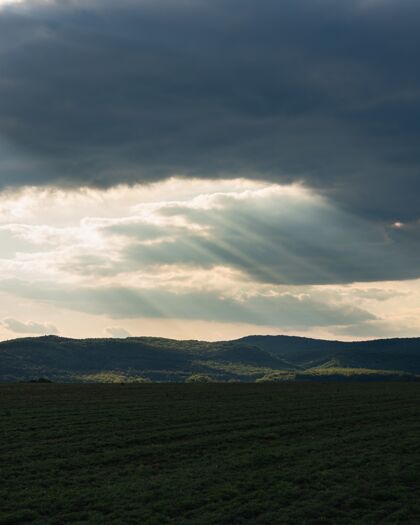 风景在多云的夕阳天空下 一片绿色田野的垂直镜头草地乡村晴朗