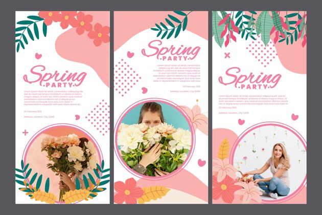 平面设计Instagram故事包 带女人和鲜花的春季派对网站花卉一起