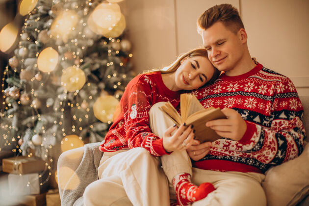 圣诞装饰一对夫妇坐在圣诞树旁看书圣诞圣诞灯房子