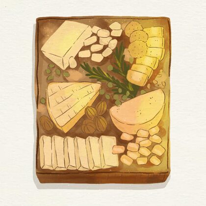 美食水彩画奶酪板插图与伴奏美食砧板烹饪
