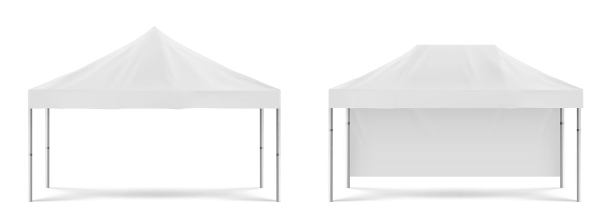 遮阳白色折叠促销帐篷 户外活动帐篷 用于海滩或花园聚会 市场展览或贸易白色背景上隔离的空白节日遮阳篷的矢量逼真模型贸易折叠品牌