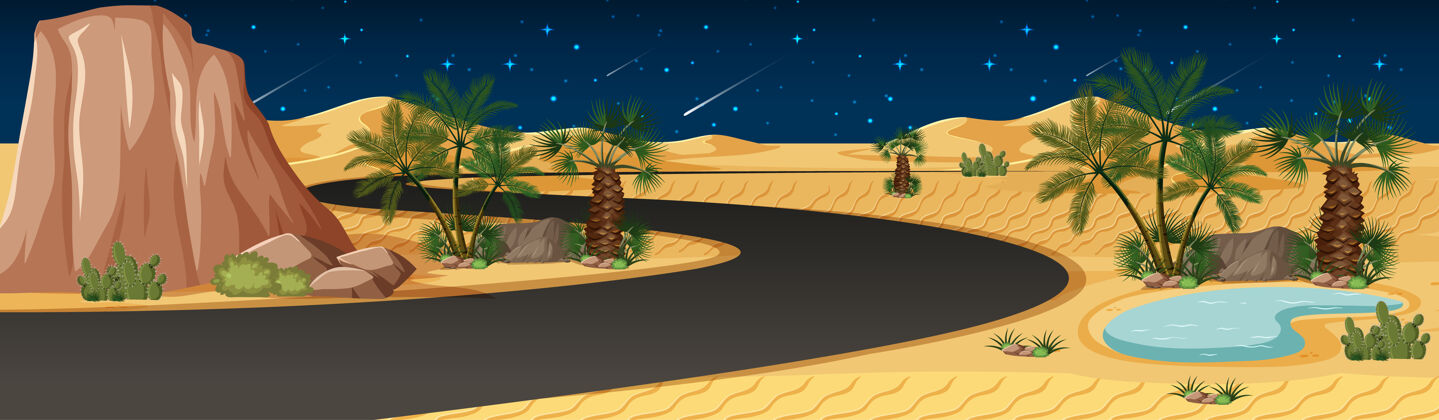山沙漠绿洲与漫长的道路景观在夜景树度假太阳