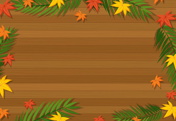 植物顶视图的空白木桌与树叶在不同的季节元素木板家具温暖