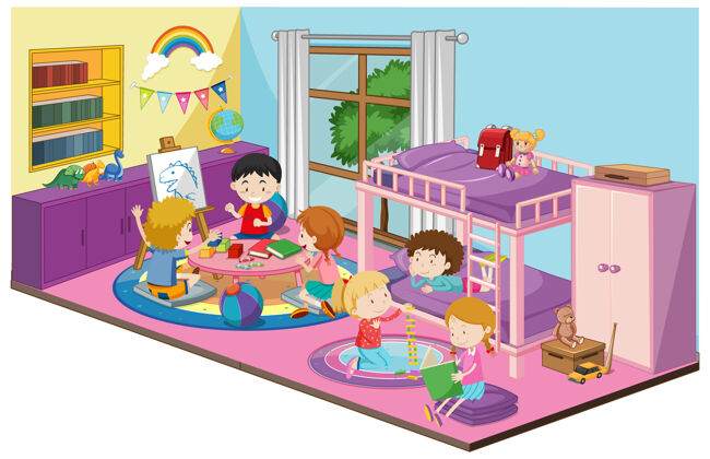 室内孩子们在卧室里用紫色的家具主题建筑住宅朋友