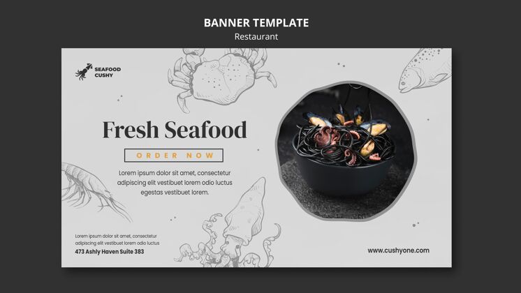 商务横幅模板海鲜餐厅与贻贝和面条横向网页模板食品