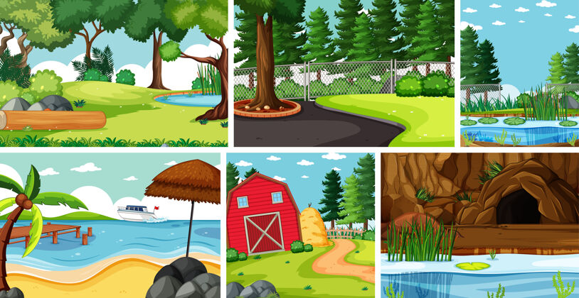 前面六个不同地点的自然场景农业卡通叶