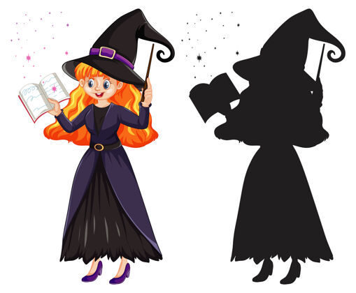 教育年轻漂亮的女巫拿着魔杖和彩色的书巫师影子魔术