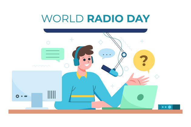 音乐平面设计世界广播日背景与人通信复古音量