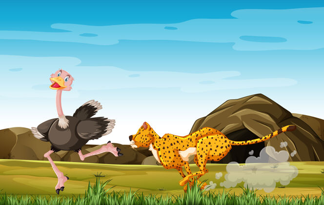 国王猎豹鸵鸟在森林背景卡通人物生活大猩猩动物园