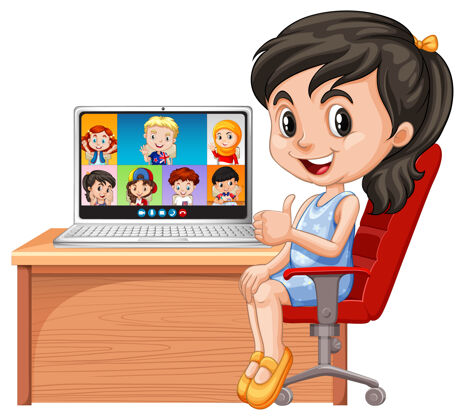 人女孩视频聊天与朋友的白色背景教育在线计算机