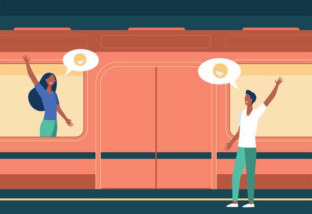 再见情侣在地铁里挥手告别女人在火车上 男人在站台上交流 约会 交通插图约会演讲