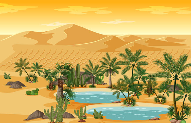 植物沙漠绿洲与棕榈和猫自然景观场景度假棕榈天气