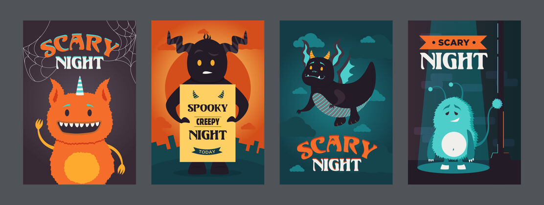 夜晚可怕的夜晚海报设计与有趣的怪物生动的幽灵党明亮的小册子万圣节和假日的概念宣传传单或传单模板模板海报幽灵