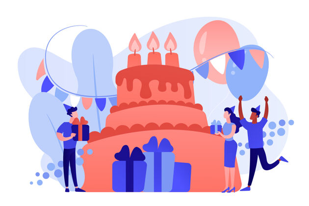 气球快乐的人们用礼物在巨大的蛋糕上庆祝生日生日聚会用品 生日聚会请柬 生日规划概念粉红珊瑚蓝矢量独立插图朋友邀请聚会