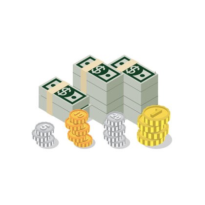 钞票平面d等距堆美元钞票包硬币网络信息图形概念收集货币创意