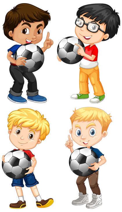 收藏一组多文化男孩举着足球小男孩系列