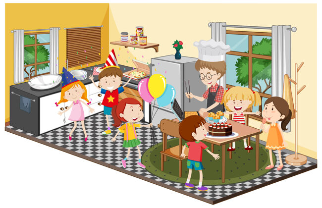孩子孩子们在厨房里以派对为主题伙伴卡通食物