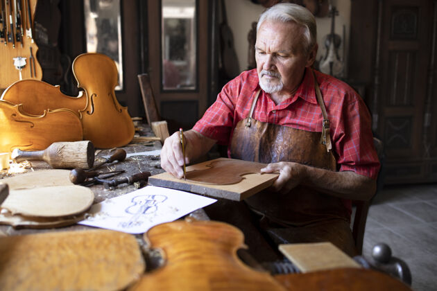木材资深木匠在他的老式木匠作坊里制作小提琴乐器锯末硬木