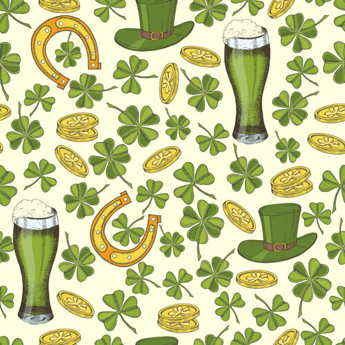 硬币圣帕特里克节经典无缝图案圣帕特里克的帽子 马蹄铁 四叶草 绿色啤酒和金币啤酒帽子爱尔兰